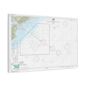 May include: A rectangular nautical chart titled Charleston Harbor Entrance and Approach, featuring detailed hydrographic data, depth soundings, navigational markers, and a large purple polygon outline on a white background with a grid system.