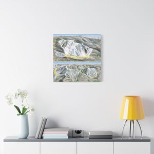 May include: A canvas print featuring a detailed ski resort map. The map shows the layout of ski runs, lifts, and surrounding terrain. The color palette includes shades of white, green, yellow, and blue, creating a visually informative and appealing piece of art.