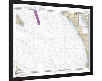 Póster enmarcado con mapa náutico de navegación de la cuenca de Delmar y Camp Pendleton, California, del Golfo de Santa Catalina