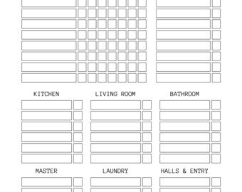Puede incluir: Una lista de verificación de limpieza imprimible con una cuadrícula para tareas diarias, semanales y mensuales. La lista de verificación está dividida en secciones para diferentes áreas de la casa, incluyendo la cocina, la sala de estar, el baño, el dormitorio principal, la lavandería y los pasillos y la entrada.