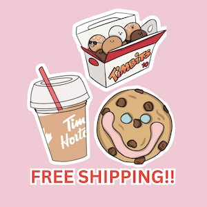 May include: A sticker sheet featuring a coffee cup, a box of Timbits, and a smiling cookie. The coffee cup has a red straw and the Tim Hortons logo. The Timbits box is red and white. The cookie has a pink smile and blue eyes.
