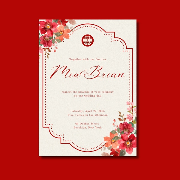 Chinese Wedding Invitation or Save the Date | Modern Double Happiness Theme | Editable Template - Available in 3 Colors