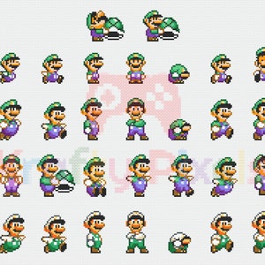 May include: A collection of 32 pixel art sprites of a green-clad character with a green hat, in various poses and actions. The character is similar to a popular video game character.