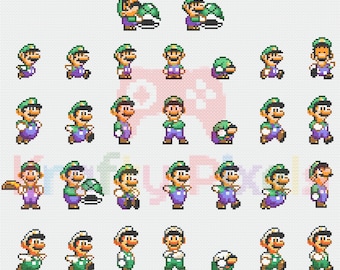 Super Mario World (1991) Luigi Sprites Cross Stitch Patterns (30 Designs) PDF Download