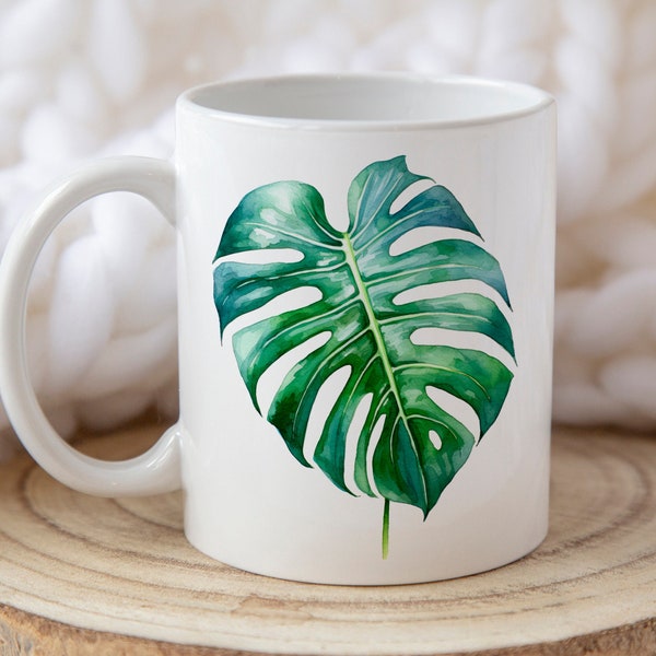 Watercolor Monstera Leaf Mug, Plant Mug, Coffee Mug, Plant Lover, Plant Addict, Plant Mama, Monstera, 11oz Coffee Mug, 15 oz Coffee Mug