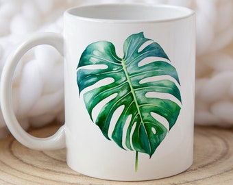 Watercolor Monstera Leaf Mug, Plant Mug, Coffee Mug, Plant Lover, Plant Addict, Plant Mama, Monstera, 11oz Coffee Mug, 15 oz Coffee Mug