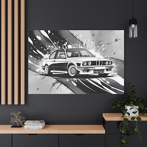 BMW E30 Canvas Art: Black & White Vintage Race Car Print