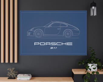 Porsche 911 Blueprint Canvas Art Print: Vintage Car Decor