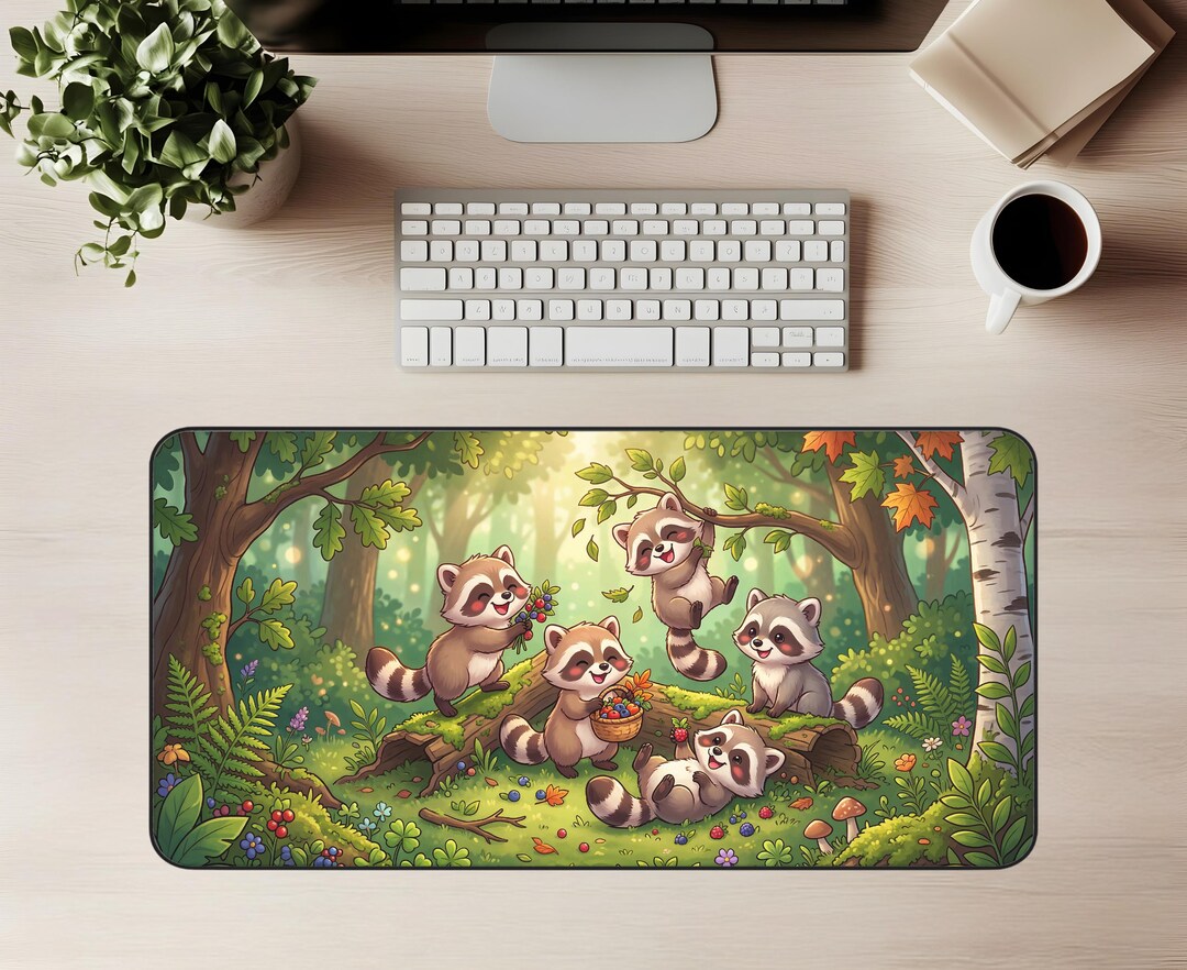 Cute Raccoon Desk Mat | Kawaii Woodland Animals Mouse Pad | Cozy Forest ...