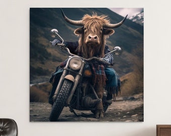 Highland Cow On Motorcycle Digital Print Funny Animal Poster Printable Wall Art Decor Artwork Instant Download  Scottish Cattle Motorbike