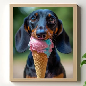 May include: A black and tan dachshund dog with big brown eyes is holding a pink and blue ice cream cone in its mouth.