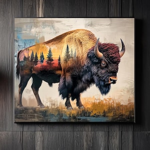 BISON DIGITAL PRINT Abstract American Bison Portrait Wildlife Printable Forest Mountain Poster Rustic Buffalo Wall Art Cow Western Decor