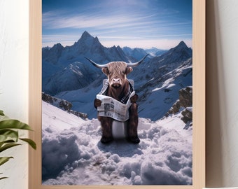 Highland Cow On a Toilet Digital Print Animal Printable Wall Art Decor Poster Artwork Instant Download Bathroom Mountain Funny Abstract