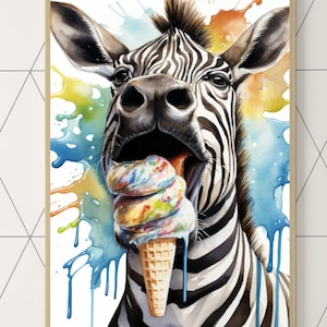 Zebra Eating Ice Cream Digital Print Animal Printable Wall Art Decor Artwork Instant Download Wallpaper Funny Abstract Funky Colorful Candy