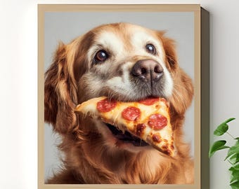 GOLDEN RETRIEVER Digital PRINT Funny Dog Eating a Pizza Slice Printable Pet Poster Kitchen Humor Wall Art Foodie Lover Gift Pizza Shop Decor