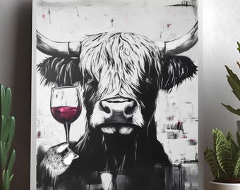 Highland COW DIGITAL PRINT Funny Animal Drinking Red Wine Printable Kitchen Poster Home Bar Wall Art Decor Dining Room Abstract Alcohol Gift