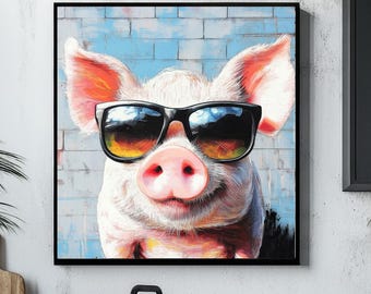 PIG DIGITAL PRINT Animal With Sunglasses Printable Funny Mondern Stylish Poster Cute Farm Wall Art Flashy Pink Urban Cool Colorful Graffiti