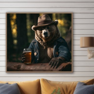 Bear Drinking Beer Digital Print Animal Poster Printable Wall Art Decor Artwork Instant Download Funny Bar Country Honky Tonk Wood Forest