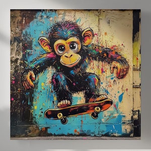 Ready to Hang MONKEY CANVAS - Funny Graffiti Animal Skateboard Kid Bedroom Framed POSTER Wall Art Hilarious Boy Skateboarder Gift Street Art