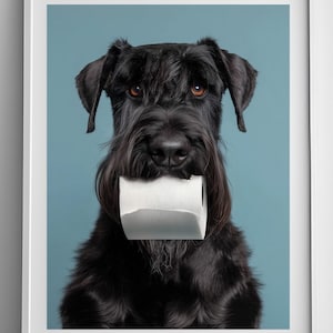 Może przedstawiać: Oprawiony wydruk przedstawiający czarnego psa rasy sznaucer trzymającego w pysku rolkę białego papieru toaletowego. Pies ma długą, czarną brodę i brązowe oczy. Tło jest w kolorze morskim.