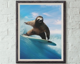 SLOTH DIGITAL PRINT Surfing Animal Beach Printable Poster Wall Art Decor Artwork Instant Download Surf Lover Tropical Kid Bedroom Art