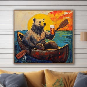 BEAR DIGITAL PRINT Funny Grizzly Drinking Bear In Canoe Printable Kayak Poster Cottage Cabin Wall Art Forest And Lake Sunset Alcohol Decor