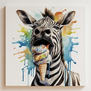 Fertig zum Aufhängen ZEBRA CANVAS - Lustiges Tier Essen Eis POSTER Bunte Kind Schlafzimmer Wand Kunst Zebra Aquarell Regenbogen Dessert Candy