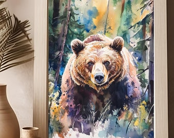 BJÖRN DIGITALT TRYCK Grizzlydjur Utskrivbar Poster Väggkonst Konstverk Direkt Nedladdning Akvarell Skog Färgglad Modern Heminredning Chalet