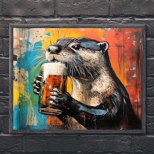 OTTER DIGITAL PRINT Funny Animal Drinking Beer Printable Bar Poster Alcohol Kitchen Wall Art Graffiti Garage Man Cave Decor Beer Lover Gift