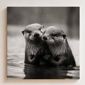 Ready to Hang OTTER Couple CANVAS - Romantic Cute Framed POSTER Modern Animal Wall Art Perfect Gift for Girlfriend Wedding Lover Valentine