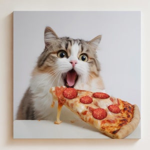 Ready to Hang CAT CANVAS - Funny Animal Eating Pizza Framed POSTER Wall Art Pizza Slice Lover Gift Cute Cat Kitchen Food Kid Art Pepperoni