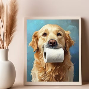 Golden Retriever DOG DIGITAL PRINT Abstract Bathroom Printable Toilet Paper Roll On The Head Poster Colorful Cute Puppy Wall Art Pet Decor