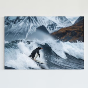 PENGUIN DIGITAL PRINT Animal imprimible cartel pared arte decoración arte descarga instantánea surf divertido lindo surf amante invierno costa antártica