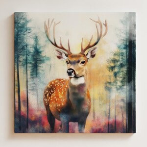Pronto para pendurar DEER CANVAS - Grande horizontal aquarela emoldurado POSTER arte de parede madeira floresta animal colorido estilo moderno decoração para casa chalé