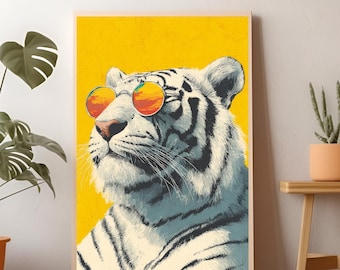 TIJGER DIGITALE PRINT Cool retro afdrukbare grote kat met zonnebril poster vintage gele muur kunst abstracte boho jungle decor moderne kunstwerken