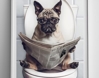 PUG DIGITAL PRINT Funny Animal Bathroom Printable Cute Toilet Poster - Dog Sitting on the Toilet Wall Art Decor Hilarious Pug Lover Humor
