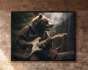 ギターを弾く素朴なクマのウォールアート - ヴィンテージ音楽愛好家