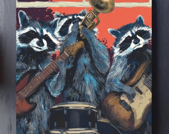RACCOON Rock Band STAMPA DIGITALE Poster Heavy Metal stampabile di musica fantastica Rockstar Wall Art Decorazione retrò vintage Classic Rock Guitar Art