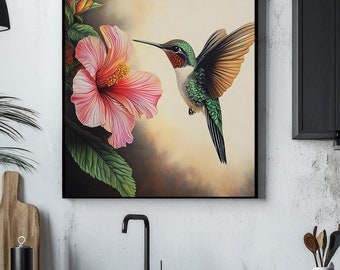 IMPRESIÓN DIGITAL DE COLIBRÍ Lindo pájaro y flores Amante Regalo colorido Póster imprimible Arte de pared moderno Decoración Obra de arte Descarga instantánea Pintura