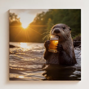 Ready to Hang OTTER CANVAS -Funny Animal Drinking Beer Framed POSTER Wall Art Bar Decor Alcohol Humor Beer Lover Boyfriend Husband Man Gift