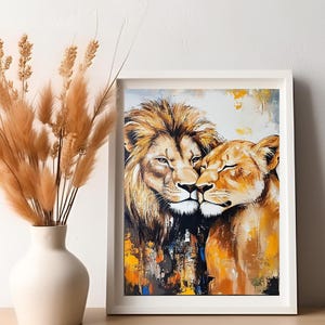 Lion & Lioness Couple DIGITAL PRINT Cute Animal Romantic Love Printable Abstract PosterWall Art Lion Portrait Painting Decor Lover Gift Art