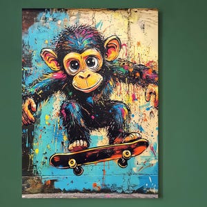 MONKEY DIGITAL PRINT Funny Animal Skateboard Printable Kid Bedroom Poster Graffiti Wall Art Abstract Decor Child Nursery Cool Sport Gift