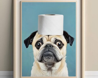 PUG DIGITAL PRINT Funny Dog With Toilet Paper Roll On The Head Printable Abstract Bathroom Humor Poster Cute Puppy Wall Art Bathtub Decor