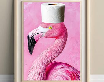 FLAMINGO DIGITAL PRINT Toilet Paper Roll On The Head Printable Tropical Bird Cute Bathtub Poster Funny Bathroom Wall Art Nature Modern Decor
