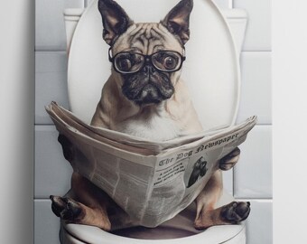 Ready to Hang PUG CANVAS - Funny Pug Sitting On The Toilet POSTER Dog Reading Newspaper Wall Art Cute Animal Quirky Bathroom Humor Decor