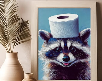 RACCOON DIGITAL PRINT Funny Bathroom Animal Print Cute Raccoon with a Toilet Paper Roll on Head Poster Adorable Wall Art Humor Print Whimsy