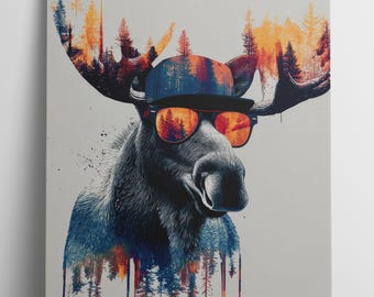 Ready to Hang MOOSE CANVAS - Cool Moose With Sunglasses Urban Colorful Forest POSTER Skier Snowboard Wall Art Ski Lodge Decor Funny Kid Gift