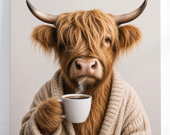 Ready to Hang HIGHLAND COW CANVAS - Cow Drinking Coffee Mug Poster Funny Kitchen Wall Art Coffee Shop Artwork Scottish Cattle Farm Decor