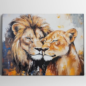 Ready to Hang LION & LIONESS Couple CANVAS Modern Abstract Large Horizontal Romantic Wall Art Love Decor Anniversary Gift For Girlfriend