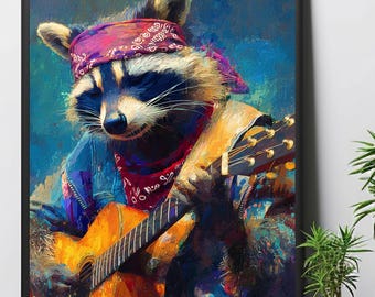 PROCIONE STAMPA DIGITALE Divertente rockstar che suona la chitarra Poster stampabile chitarrista Rock N' Roll Punk Heavy Metal Arte murale Studio Musicista Decorazione